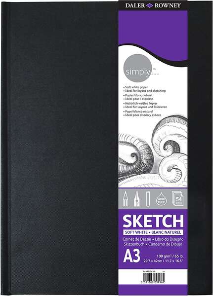 Daler Rowney Simply Cuaderno de Dibujo Cosido A3 54 Hojas 100g/m2 - Cubierta Rigida - Color Blanco