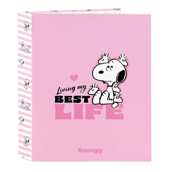 Safta Snoopy Carpeta de 4 Anillas de 40mm - Formato Folio - Tapas Duras Forradas - Lomo Ancho - 27x33x6cm - Color Rosa