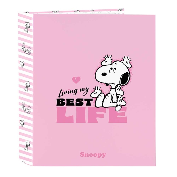 Safta Snoopy Carpeta de 4 Anillas de 40mm - Formato Folio - Tapas Duras Forradas - Lomo Ancho - 27x33x6cm - Color Rosa