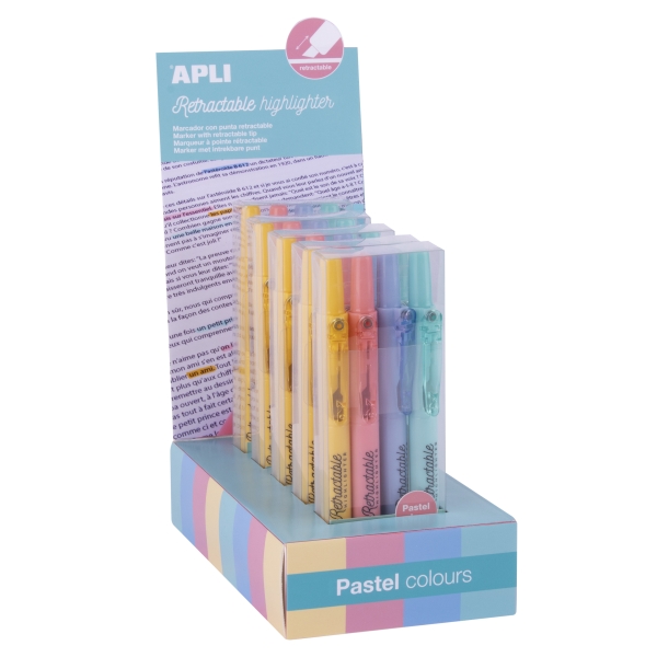 Apli Highlighter Retractil Expositor con 5 Packs de 4 Subrayadores Retractiles - Punta Biselada 4mm - Colores Pastel Surtidos