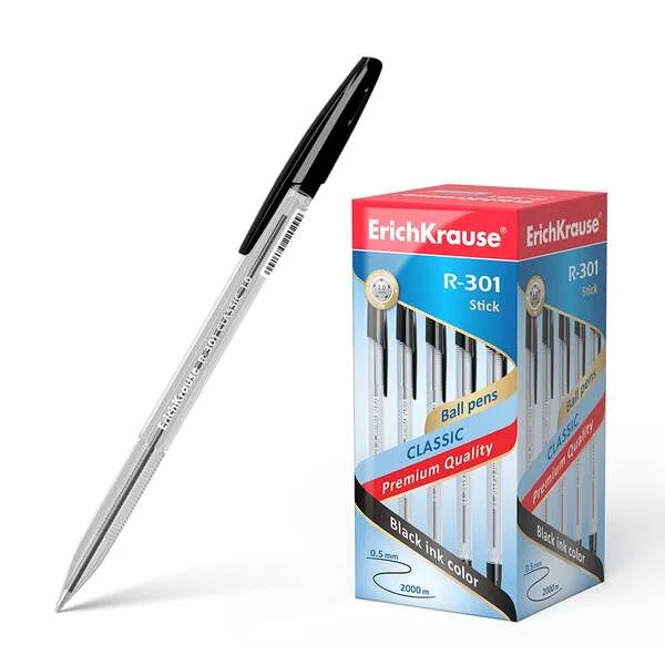Erichkrause R-301 Boligrafo de Bola Punta 1.0mm - Trazo 0.5mm - Tinta de Secado Rapido - Cuerpo Transparente - Capuchon Ventilado - Color Negro · Pack de 50 uds.