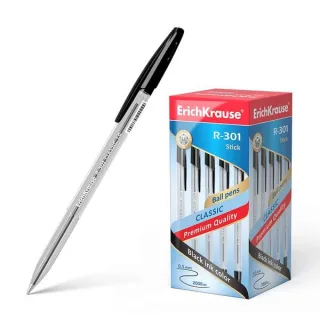 Erichkrause R-301 Boligrafo de Bola Punta 1.0mm - Trazo 0.5mm - Tinta de Secado Rapido - Cuerpo Transparente - Capuchon Ventilado - Color Negro · Pack de 50 uds.