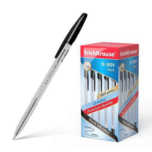 Erichkrause R-301 Boligrafo de Bola Punta 1.0mm - Trazo 0.5mm - Tinta de Secado Rapido - Cuerpo Transparente - Capuchon Ventilado - Color Negro · Pack de 50 uds.