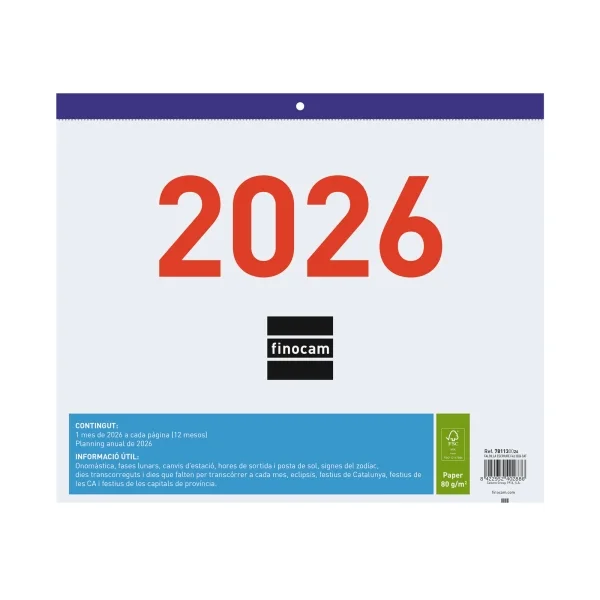 Finocam Calendario Faldilla en Catalan - Anual 2026 - Formato F43 - 300x3x247mm - Espacio para Escribir - Color Blanco y Azul