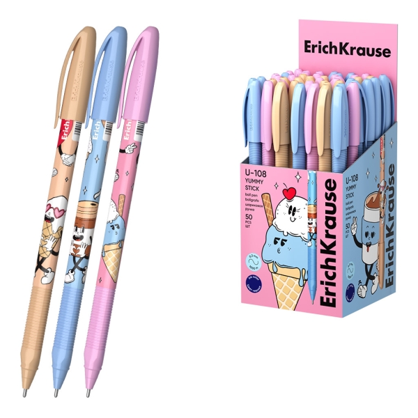 ErichKrause U-108 Stick Yummy Boligrafo con Capuchon - Modelos Surtidos - Trazo 0.3mm - Tinta de Baja Viscosidad - Tapa Ventilada - Color Azul · Pack de 50 uds.