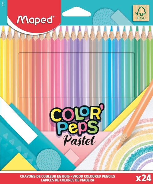 Maped Color´Peps Pastel Pack de 24 Lapices de Colores Triangulares - Mina Suave - Madera Certificada FSC - Colores Pastel Surtidos