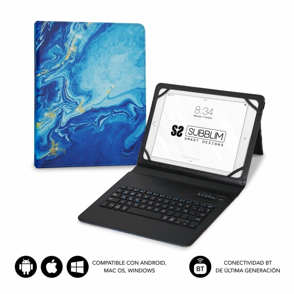 Subblim Keytab Pro Bluetooth Funda universal 9-10.1" - Diseño ultradelgado - Soporte ajustable - Sistema magnético - Resistente y adaptable - Inalámbrico - Bluetooth - Color Marmol Azul