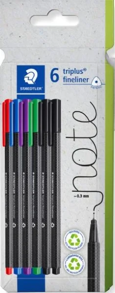 Staedtler Triplus Fineliner 334 Pack de 6 Rotuladores de Punta Fina - Trazo de 0.3mm aprox. - Tinta Antisecado a Base de Agua - Carcasa Fabricada en un 97% de Plastico Reciclado - Colores Surtidos