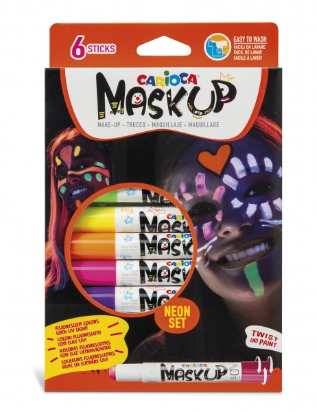 Carioca Mask Up Neon Pack de 6 Colores para la Piel en Barra Neon - Ideales para Fiestas - Fluorescentes con Luz Ultravioleta - Brillantes y Lavables - 2 Tutoriales Incluidos - Colores Surti