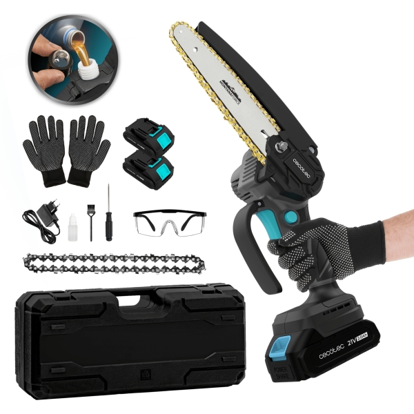 Cecotec MontanaForce 6000 Hand Sierra de Podar Inalambrica - 700W - 2 Baterias 21V 2Ah - Incluye Accesorios - Motor sin Escobillas - Engrasador de Cadena - Maletin - Color Gris Oscuro