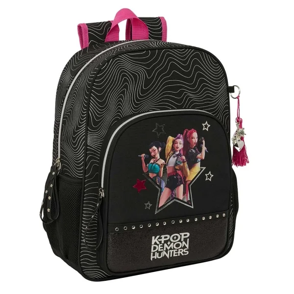 Safta K-Pop Demon Hunters Energy Mochila - Adaptable a Carro - Bolsillo Frontal - Portabotellas - Cremallera con Doble Tirador - Asa de Mano - Espalda Acolchada - 33x42x14cm - Color Negro y Rosa