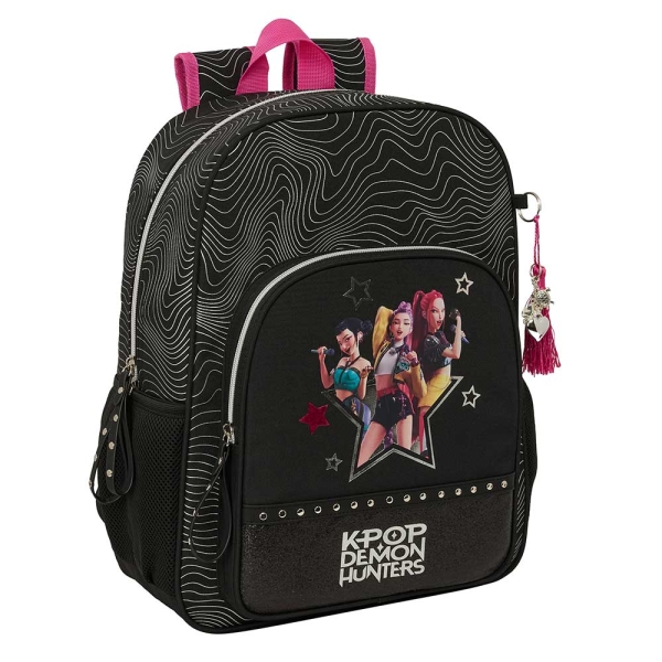 Safta K-Pop Demon Hunters Energy Mochila - Adaptable a Carro - Bolsillo Frontal - Portabotellas - Cremallera con Doble Tirador - Asa de Mano - Espalda Acolchada - 33x42x14cm - Color Negro y Rosa