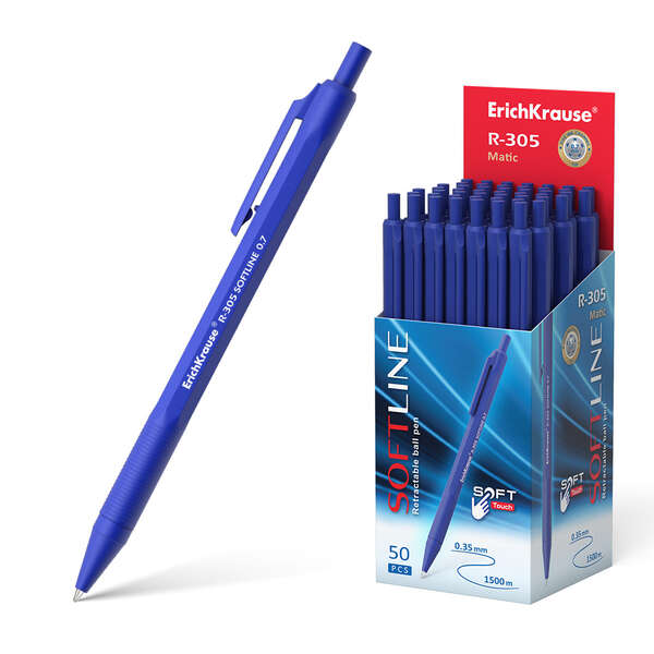 Erichkrause Boligrafo Automatico R-305 - Recargable - Punta de Aguja - Cuerpo Hexagonal Opaco - Tinta de Secado Rapido - Color Azul · Pack de 50 uds.