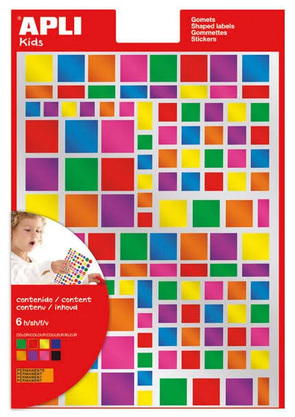 Apli Pack de 732 Gomets Cuadrados - Adhesivo Removible - Acabado Metalizado - Ideales para Escuelas Infantiles - Desarrollo de Habilidades y Creatividad - Colores y Tamaños Surtidos