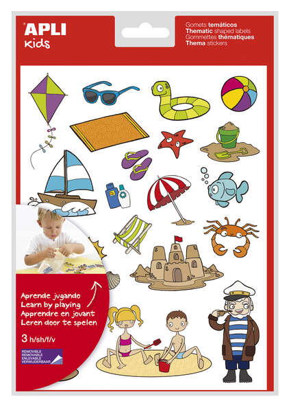 Apli Bolsa de Gomets Tematicos la Playa - 66 Gomets en 3 Hojas - Ilustraciones de Animales y Objetos de la Playa - Adhesivo Removible - Adhesivo Base Agua - Libre de Disolventes - Papeles EC