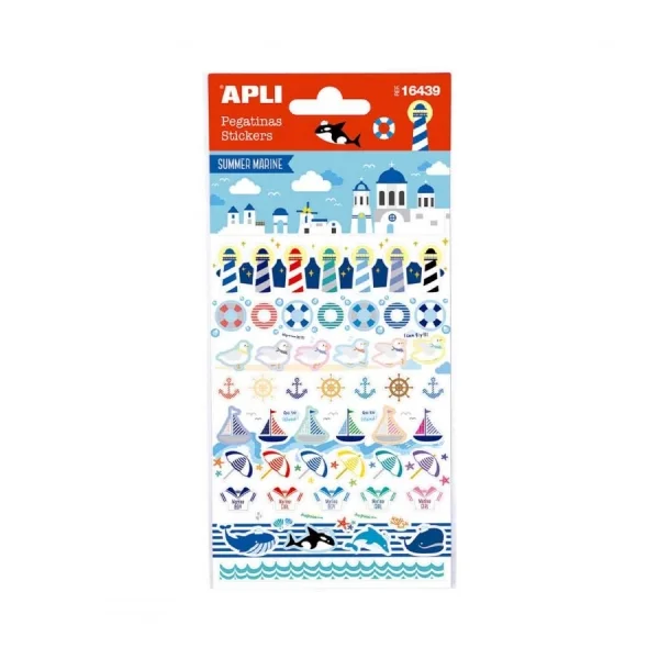 Apli Bolsa de Pegatinas de Verano - Tematica Nautica - 58 Pegatinas - Adhesivo Permanente - Ideal para Scrapbooking y Decoracion - Estimula Creatividad y Psicomotricidad Infantil