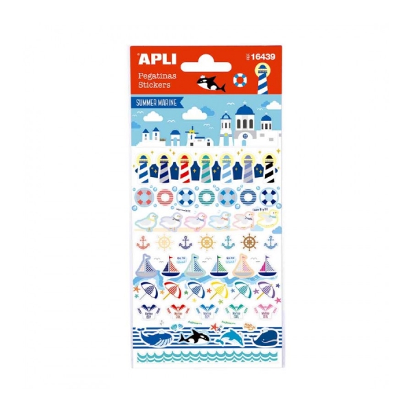 Apli Bolsa de Pegatinas de Verano - Tematica Nautica - 58 Pegatinas - Adhesivo Permanente - Ideal para Scrapbooking y Decoracion - Estimula Creatividad y Psicomotricidad Infantil
