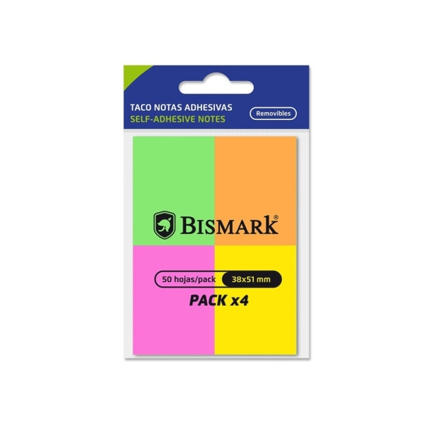 Bismark Pack de 4 Blocs de 50 Notas Adhesivas 38x51mm - 4 Colores Neon · Pack de 24 uds.