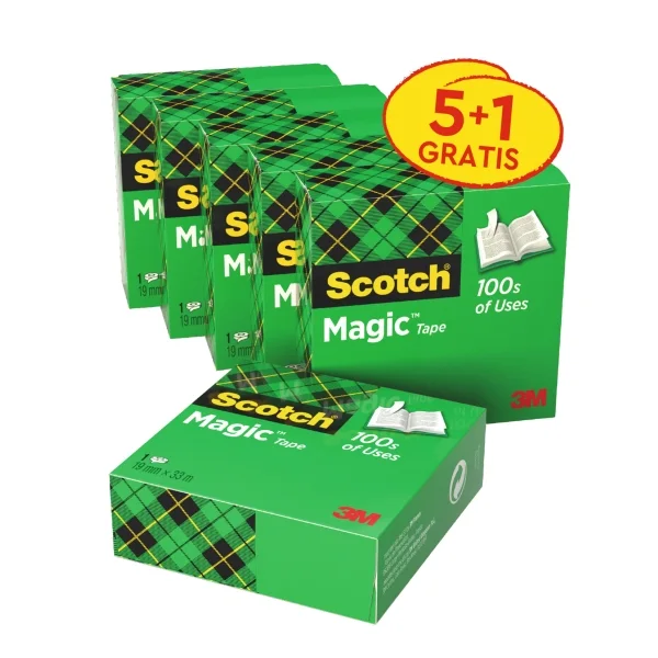 Scotch Magic Pack de 6 Cintas Adhesivas Invisible - 19mm x 33m - Promocion 5 + 1 Gratis - Color Transparente