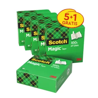 Scotch Magic Pack de 6 Cintas Adhesivas Invisible - 19mm x 33m - Promocion 5 + 1 Gratis - Color Transparente