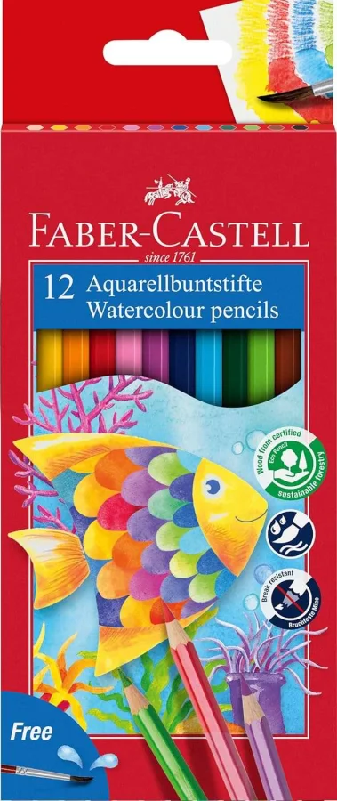 Faber-Castell Classic Colour Acuarelable Pack de 12 Lapices de Colores Hexagonales Acuarelables + Pincel - Resistencia a la Rotura - Colores Surtidos