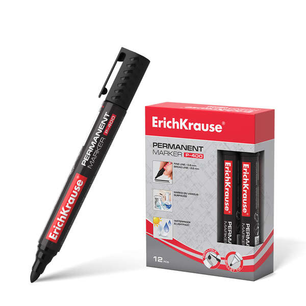 Erichkrause Marcador Permanente P-400 - Punta en Forma de Bala - Resistente a Multiples Superficies - Color Negro · Pack de 12 uds.