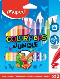 Maped Color´Peps Jungle Pack de 12 Rotuladores con Punta Media Bloqueada 2mm - Ojival, Suave y Flexible - Tinta Lavable - Colores Surtidos
