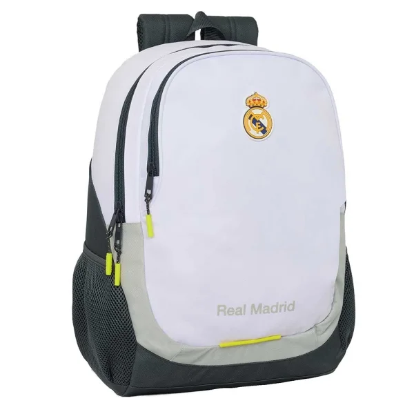 Safta Real Madrid Mochila Escolar de 23L - Adaptable a Carro - 2 Compartimentos - Portabotellas - 32x44x16cm - Color Blanco y Negro