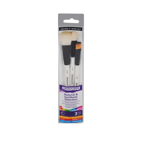 Daler Rowney Graduate Pack de 3 Pinceles para Acuarelas - Pelo Sintetico y de Cabra - Mango Corto