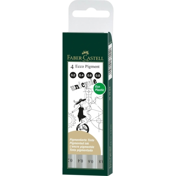 Faber-Castell Ecco Pigment Pack de 4 Rotuladores Calibrados 0.2, 0.4, 0.6, 0.8mm - Punta Engastada en Metal - Tinta Pigmentada Resistente al Agua y a la Luz - Color Negro