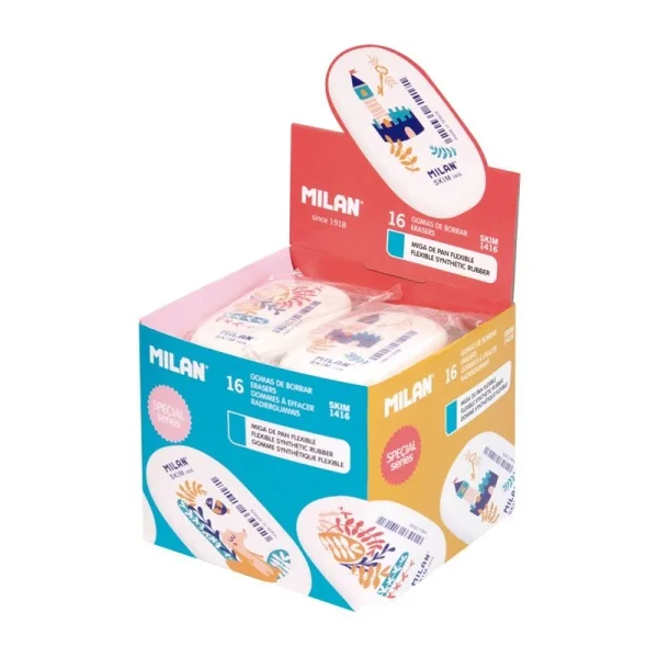 Milan 1416 Story Time Goma de Borrar Ovalada - Suave Caucho Sintetico - Envueltas Individualmente - Color Blanco con Dibujos Infantiles Story Time · Pack de 16 uds.