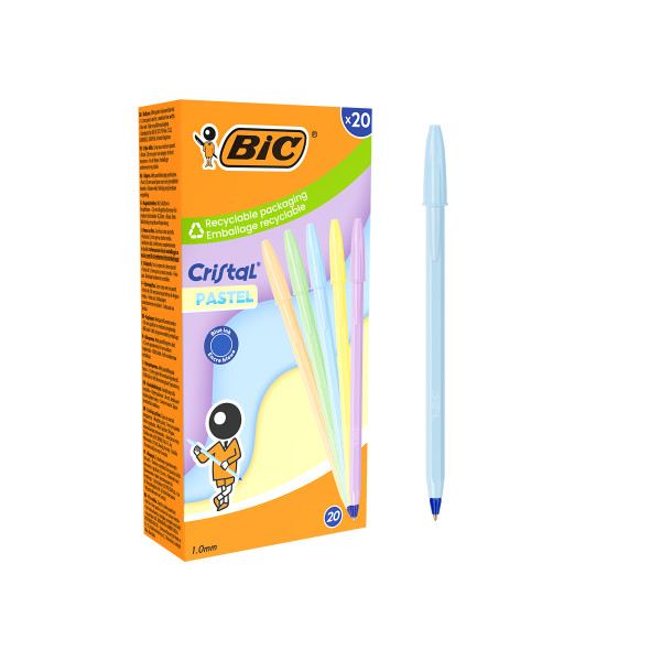 Bic Cristal Pastel Boligrafo de Bola - Cuerpo Opaco en Colores Pastel - Punta redonda de 1mm - Trazo 0.4mm - Tinta con Base de Aceite - Color de la Tinta Azul · Pack de 20 uds.