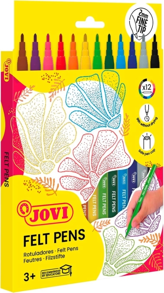 Jovi Pack de 12 Rotuladores - Punta de 2mm - Trazo Fino - Amplia Variedad de Tonos - Tinta de Gran Fijacion - Capuchon de Seguridad Ventilado - Colores Surtidos
