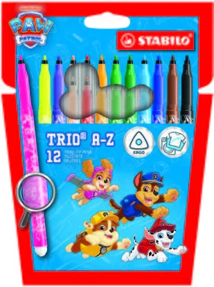 Stabilo Trio A-Z Patrulla Canina Pack de 12 Rotuladores con Diseños de la Patrulla Canina - Punta Fina de Fibra - Trazo 0.7mm - Tinta Lavable - Zona de Agarre Triangular - Colores Surtidos