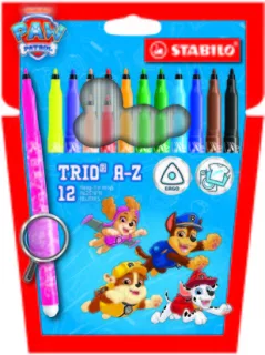 Stabilo Trio A-Z Patrulla Canina Pack de 12 Rotuladores con Diseños de la Patrulla Canina - Punta Fina de Fibra - Trazo 0.7mm - Tinta Lavable - Zona de Agarre Triangular - Colores Surtidos