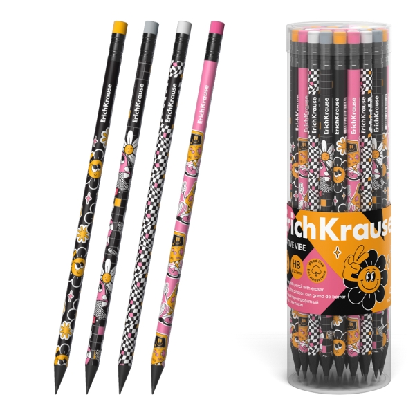 ErichKrause Positive Vibe Lapiz de Grafito con Goma de Borrar - Mina HB - Cuerpo Redondo - Plastico - Colores Surtidos · Pack de 42 uds.