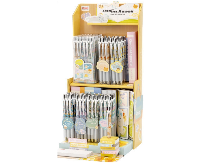 Pentel Energel Kawaii Expositor con 72 Boligrafos de Tinta Gel Retractiles 0.5mm - Trazo 0.25mm - Recargable - Grip de Agarre - 54% Plastico Reciclado - Tinta Color Azul · Pack de 12 uds.
