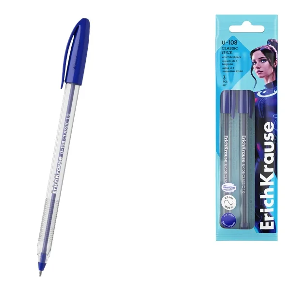 Erichkrause U-108 Pack de 3 Boligrafos Clasicos - Punta de Bola 1.0mm - Trazo de 0.3mm - Tapa Ventilada - Ultra Glide Technology - Color Azul