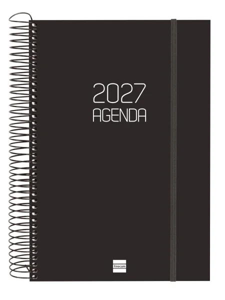 Finocam Espiral Basics Opaque Agenda - Anual 2027 - 1 Dia por Pagina - Formato E11 - 165x242mm - Espiral - Tapa de Polipropileno - Esquinas Microperforadas - Papel de 70g/m2 - Color Negro