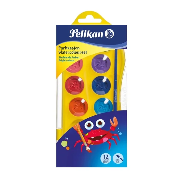 Pelikan Junior Pack de 12 Acuarelas - Incluye 1 Pincel - Facil de Diluir y Mezclar - No Toxicas - Lavable - Colores Surtidos