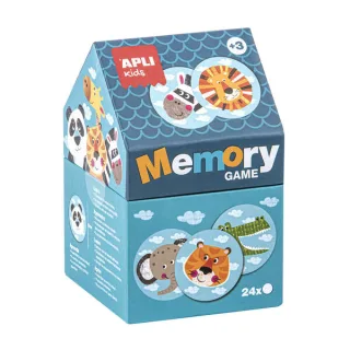 Apli Juego de Memoria Infantil - 24 Piezas Ø 8 cm - Dibujos de Animales Divertidos - Caja en Forma de Casita - Resistentes y Seguras - Mejora la Concentracion, Memoria y Habilidades Matemati