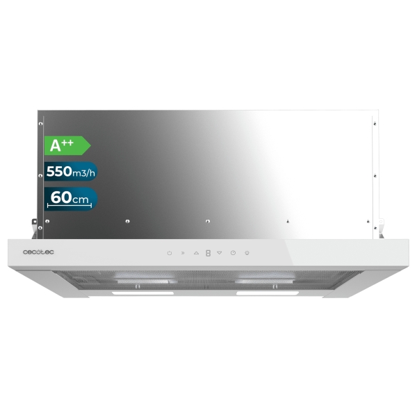 Cecotec Bolero Flux TLT 605500 Glass White A++ Campana Extractora Telescopica de 60cm - 70W - Succion 550m3/h - Luz LED - Pantalla LED - Incluye Accesorios - Filtros de Carbono Incluidos - C