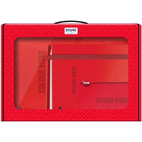 Dohe Colour Vibes Pack de Mochila + Carpeta A4 Recambio + Portatodo Triple - Todo en un Maletin Perfecto para Regalo - Color Rojo
