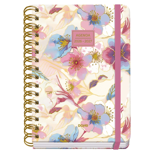 Dohe Premium Magnolia Agenda Escolar 26/27 - Formato A5 - Dia Pagina - Papel Offset Ahuesado 80g - Cubierta de Carton Plastificado - Espiral Metalica Doble - Goma - 15x21x4cm - Multicolor