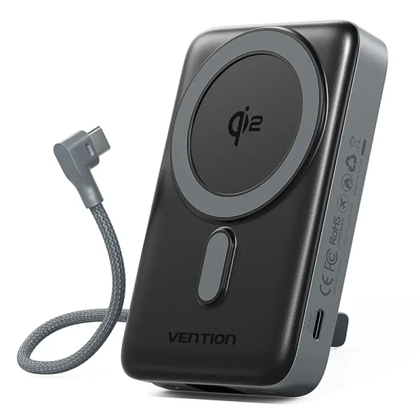 Vention Powerbank de 10000mAh - Potencia de Salida hasta 25W - Cable USB-C Integrado - Entrada y Salida USB-C - Carga Inalambrica - Pantalla LED - Color Gris