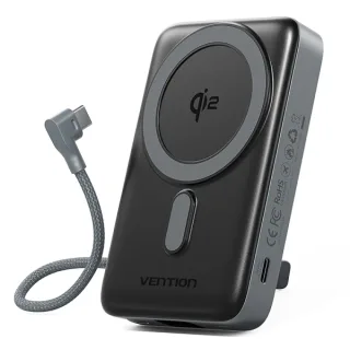 Vention Powerbank de 10000mAh - Potencia de Salida hasta 25W - Cable USB-C Integrado - Entrada y Salida USB-C - Carga Inalambrica - Pantalla LED - Color Gris