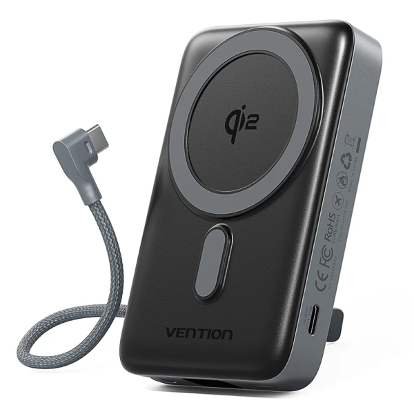 Vention Powerbank de 10000mAh - Potencia de Salida hasta 25W - Cable USB-C Integrado - Entrada y Salida USB-C - Carga Inalambrica - Pantalla LED - Color Gris