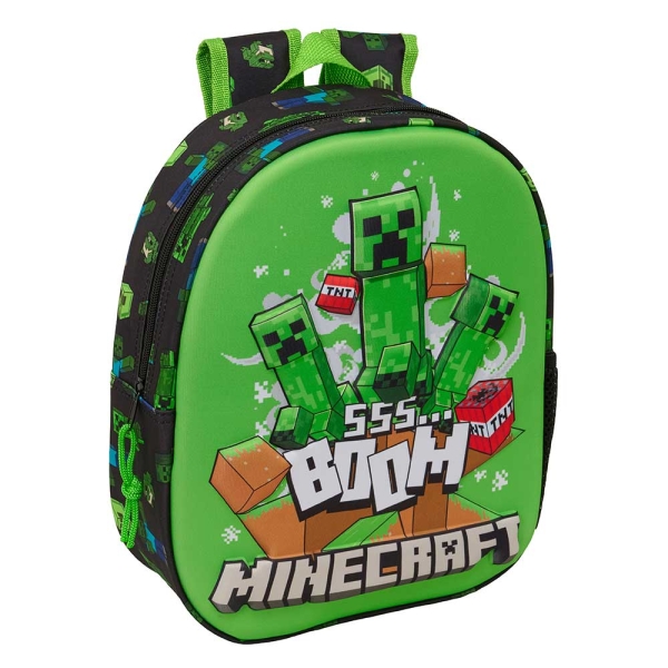 Safta Minecraft Boom Mochila 3D - Portabotellas - Hombreras Acolchadas - Asa de Mano Superior - 27x33x10cm - Color Verde y Negro