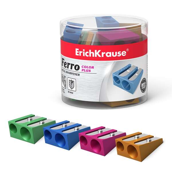 Erichkrause Ferro Color Plus - Sacapuntas Doble de Aluminio - Agarre Ergonomico - 8mm y 11mm de Diametro - Color Surtido · Pack de 20 uds.