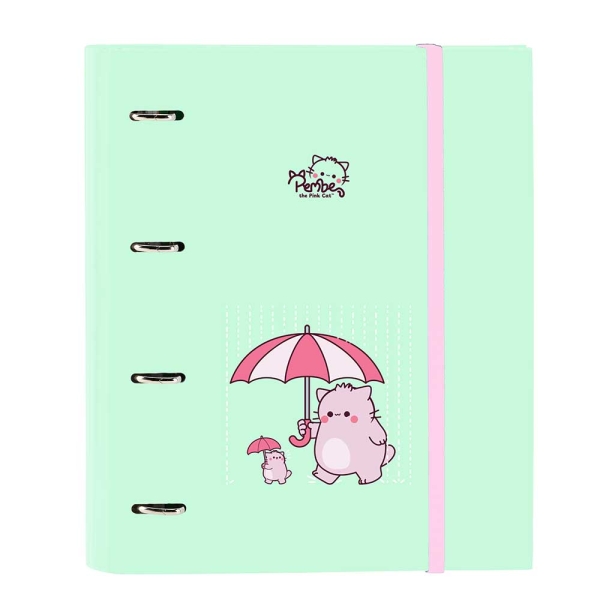 Safta Pembe The Pink Cat Carpeta con 4 Anillas 35mm - Tapas Duras Forradas - Recambio 100 Hojas - Cierre Elastico - Incluye Separadores - 270x35x320mm - Color Menta